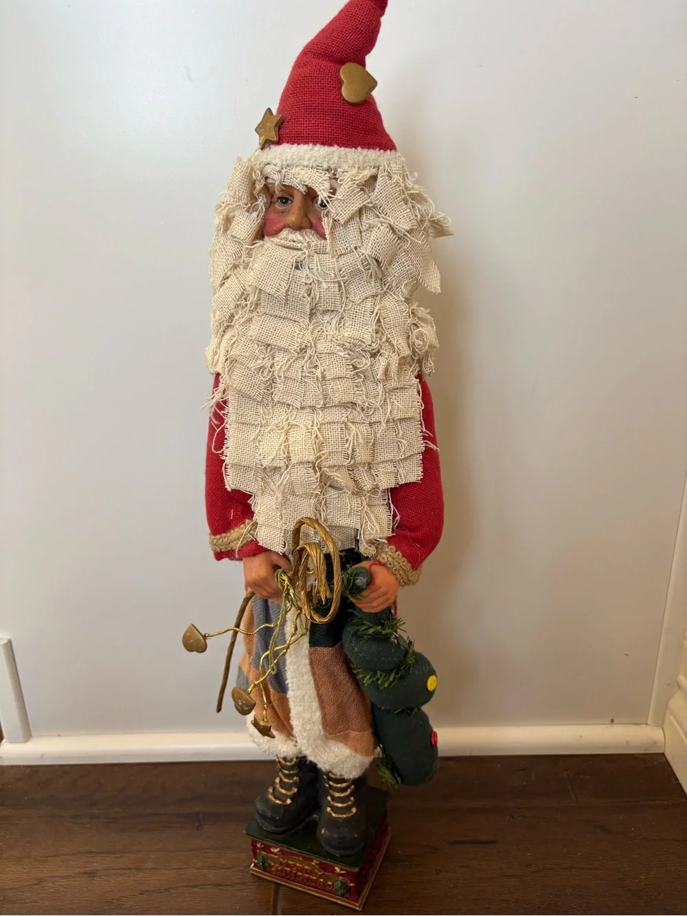 Vintage Folk Art Santa Claus Figurine Rustic Fabric Layered Beard Patchwork Coat